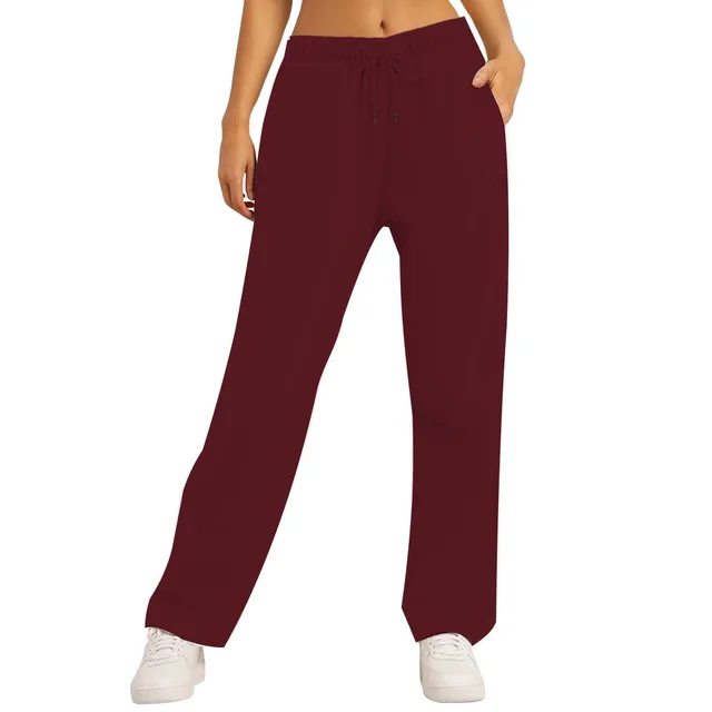 Women's Solid Color Casual Loose Fleece lined Trousers Wine Red - Shop at LoveMi
