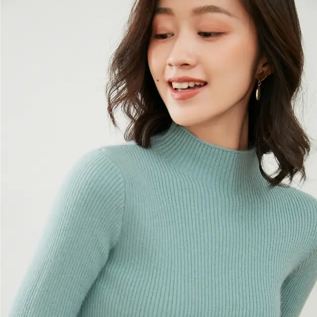 Sweater Women's Bottoming Shirt All match Tight Slimming Long Sleeve Top Lake Green - Shop at LoveMi