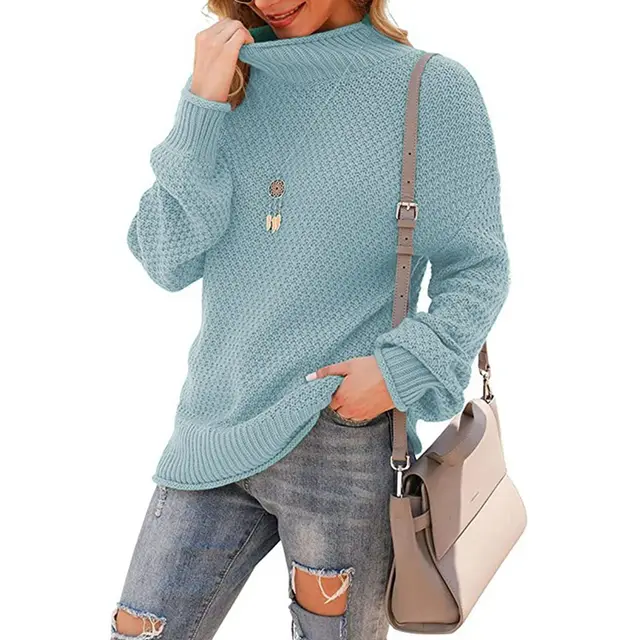 Half Turtleneck Plus Size Batwing Long Sleeve Pullover Loose Sweater Sky Blue - Shop at LoveMi