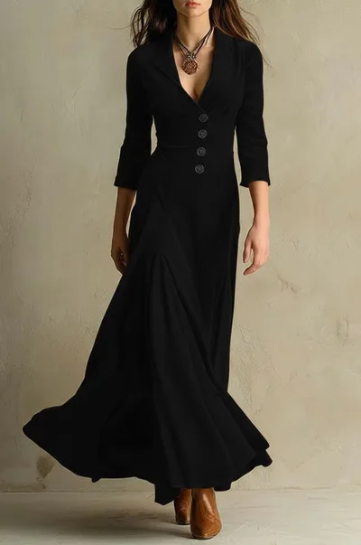 Solid Color Buttons Lapel 34 Sleeve Maxi Dress Waist Expansion Skirt Black - Shop at LoveMi