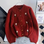 Retro Machine Embroidery Cable-knit Sweater Coat - Red