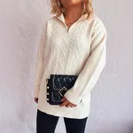 Solid Colour Casual Zipper Knitted Sweater For Women - White