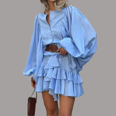 Solid Color French Style Long Sleeve Ruffle Dress Blue - Shop at LoveMi