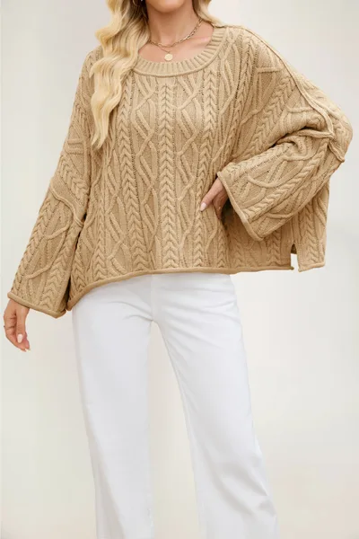 2 O neck Short Cable Loose fitting Solid Color Sweater Khaki - Shop at LoveMi