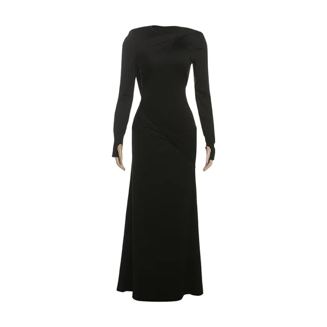 Polyester Women's Slim Fit Backless Long Sleeve Solid Color Dress Black - Shop at LoveMi