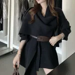 Women's Polyester Scarf Collar Knitted Cardigan Jacket Short Coat With Belt - Black