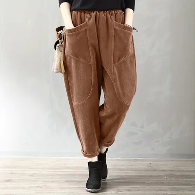 Autumn And Winter Elastic Waist Large Size Fashion Corduroy Loose Pants Dark Brown - Shop at LoveMi
