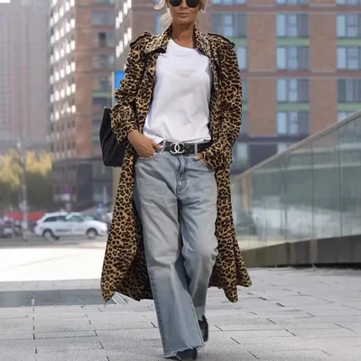Leopard Print Women's Ultra long Slim fit Large Lapel Coat Color - Shop at LoveMi