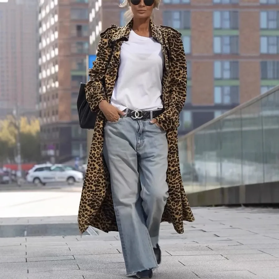 Leopard Print Women's Ultra long Slim fit Large Lapel Coat Color - Shop at LoveMi