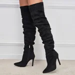 European And American Pointed Toe Suede High Zipper Stiletto Heel Boots - Black