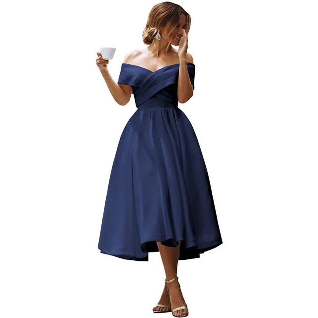 Off neck Elegant Simple Solid Color Dress Navy Blue - Shop at LoveMi