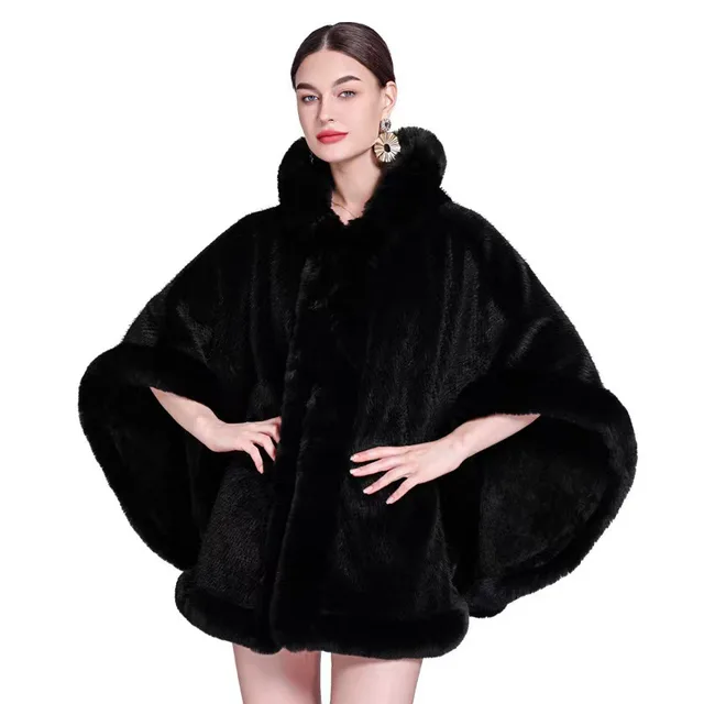 Shawl Outer Match Cloak Fleece lined Thickened Imitation Fur Collar Cape And Shawl Coat Black - Shop at LoveMi