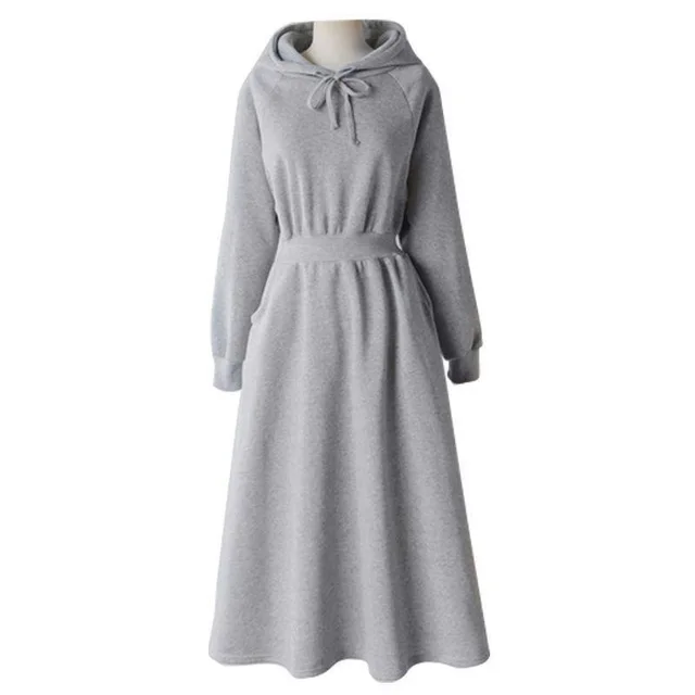 Hooded Slim Waist Student Solid Color Long Dress Light Gray - Shop at LoveMi