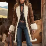 European And American Cowboy Style Western Retro Trench Coat Plush Autumn And Winter Fashion Warm Coat - Dark Brown