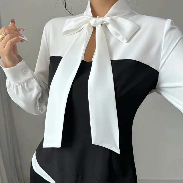 Women's Elegant Bow Simple Fashion Long Sleeve Shirt Light White Black - Shop at LoveMi