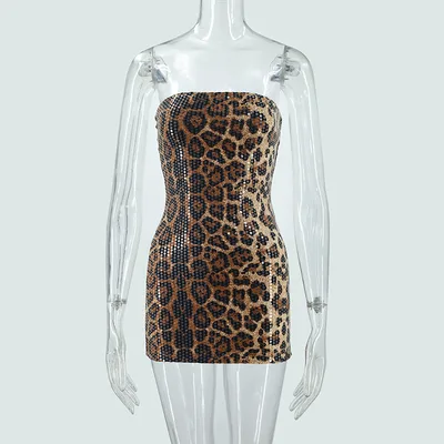 Women's 2 Leopard Print Sequined Tube Top Slim Fit Short Sheath Dress Leopard Print - Shop at LoveMi