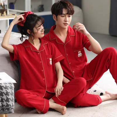 Couple Pajamas Men's Cotton Red Animal Year Trousers Short Sleeve Home Clothes Set Color 8702 - Shop at LoveMi