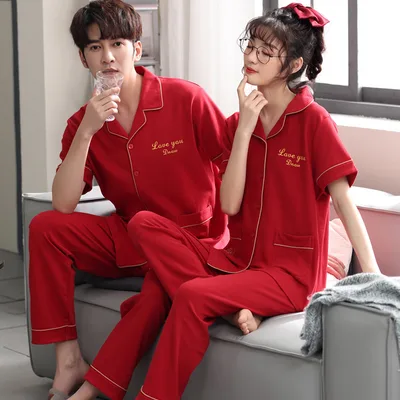 Couple Pajamas Men's Cotton Red Animal Year Trousers Short Sleeve Home Clothes Set Red - Shop at LoveMi