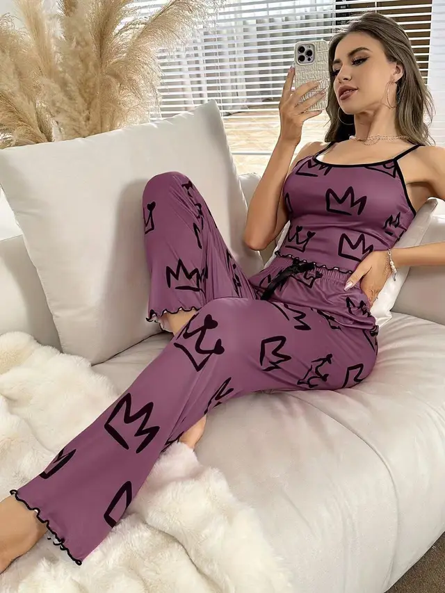 Cute Printed Women's Milk Silk Pajamas Two piece Set Purple - Shop at LoveMi
