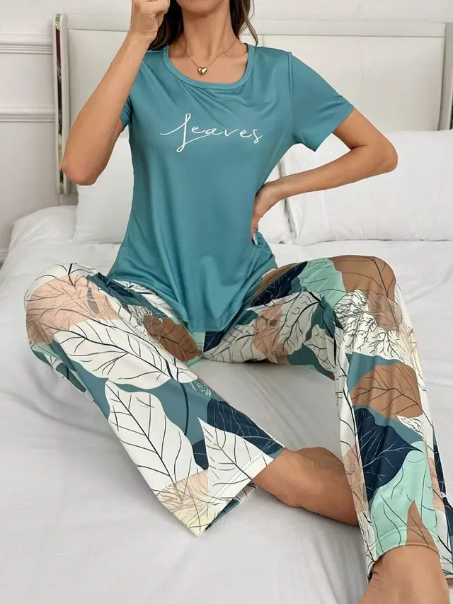 Home Round Neck Printed Short Sleeve T shirt Top And Trousers Suit Color 18 - Shop at LoveMi