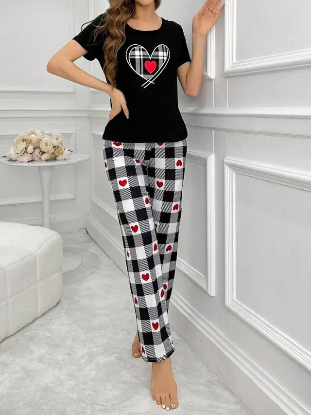 Home Round Neck Printed Short Sleeve T shirt Top And Trousers Suit Color 20 - Shop at LoveMi