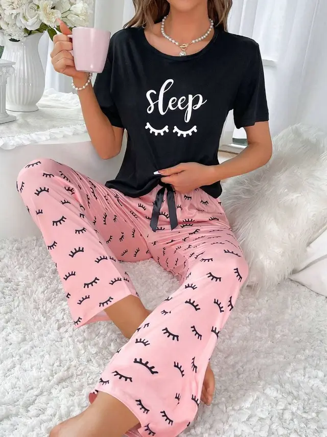 Home Round Neck Printed Short Sleeve T shirt Top And Trousers Suit Color 21 - Shop at LoveMi