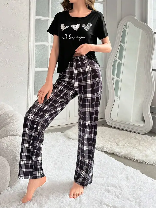 Home Round Neck Printed Short Sleeve T shirt Top And Trousers Suit Floral 1 - Shop at LoveMi
