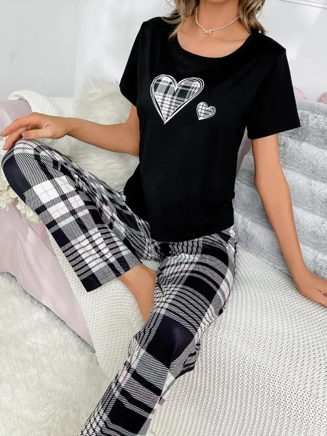 Home Round Neck Printed Short Sleeve T shirt Top And Trousers Suit Floral 8 - Shop at LoveMi