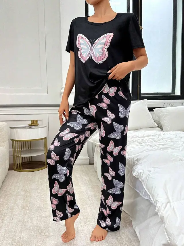 Home Round Neck Printed Short Sleeve T shirt Top And Trousers Suit Flower Color 2 - Shop at LoveMi