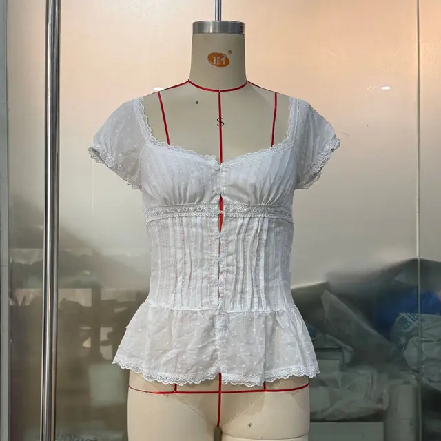 Pleated Shoulder Hanging Low Collar Lace Slim fit Crop top White - Shop at LoveMi