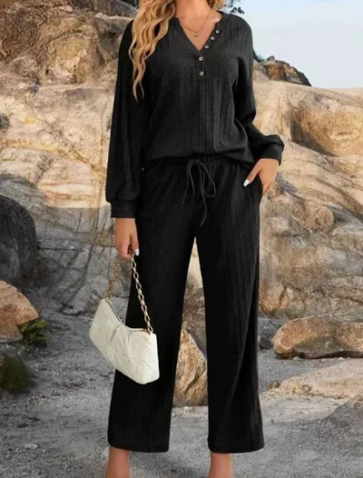 Casual Fashion Long Sleeve Thread Knitted Top Wide Leg Pants Suit Black - Shop at LoveMi