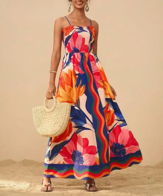 Printed Elegant Graceful Smocking Waist Slimming Sleeveless Dress Women Red - Shop at LoveMi
