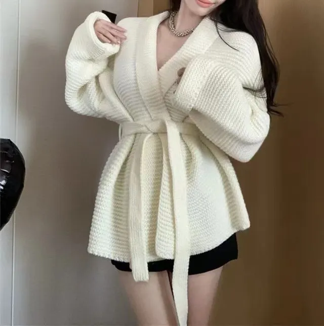 Waist controlled Long Sleeves Mid length Sweater Coat White - Shop at LoveMi
