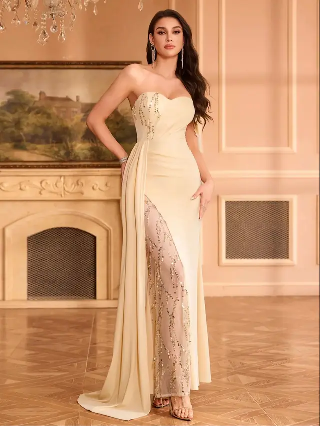 Off shoulder Backless Sheath Tassels Slim fit Banquet Long Dress Apricot - Shop at LoveMi