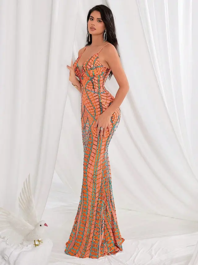 Sling Mesh Fishtail Slim fit Long Evening Dress Orange - Shop at LoveMi