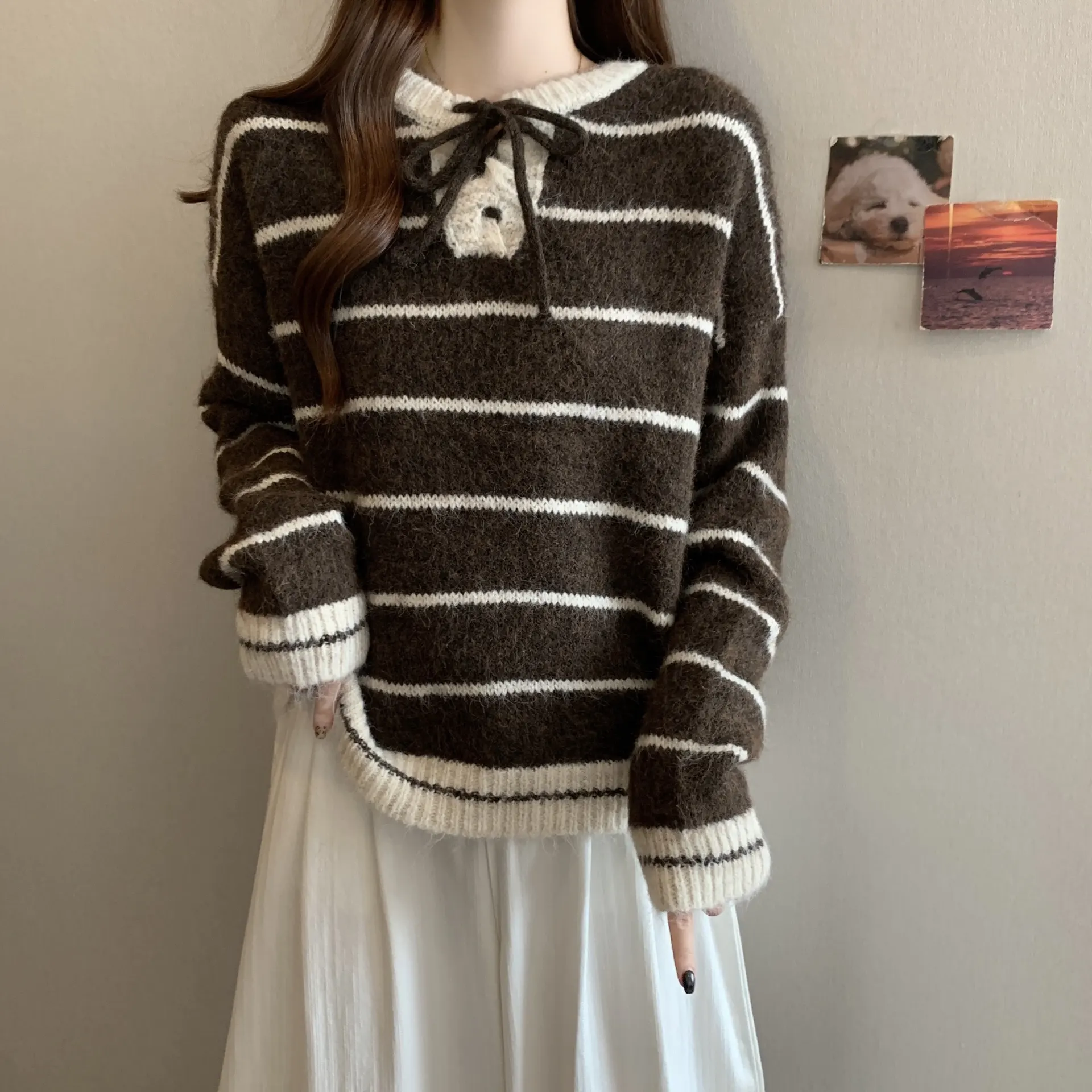 Design Striped Knitted Bottoming Shirt Sweater For Women - Coffee Color - View 1