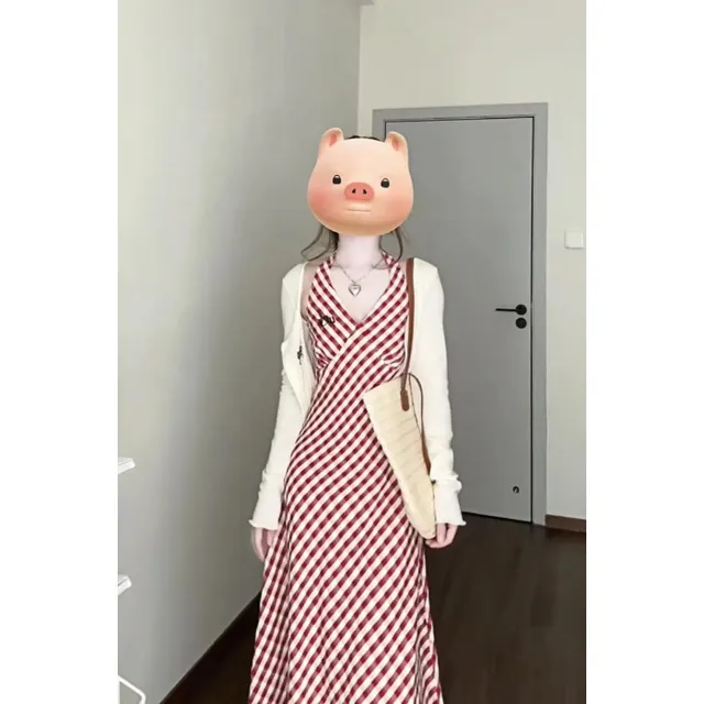 Retro Plaid Slimming Sense Of Design Dress Cardigan Suspender Skirt - Shop at LoveMi