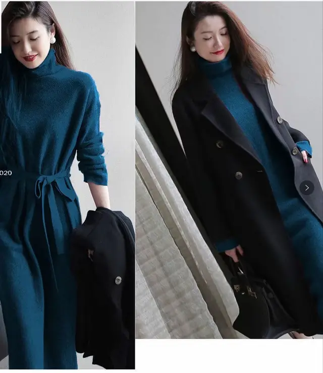 French Style Long Sleeve Turtleneck Knitting Bottoming Dress Lake Blue - Shop at LoveMi