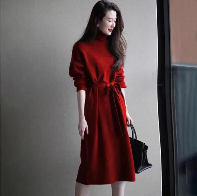 French Style Long Sleeve Turtleneck Knitting Bottoming Dress Red - Shop at LoveMi
