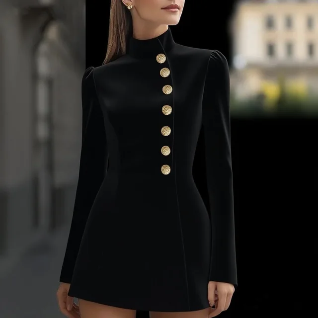 Slim fit Solid Color Short Sleeve Stand Collar Single breasted Dress Black - Shop at LoveMi