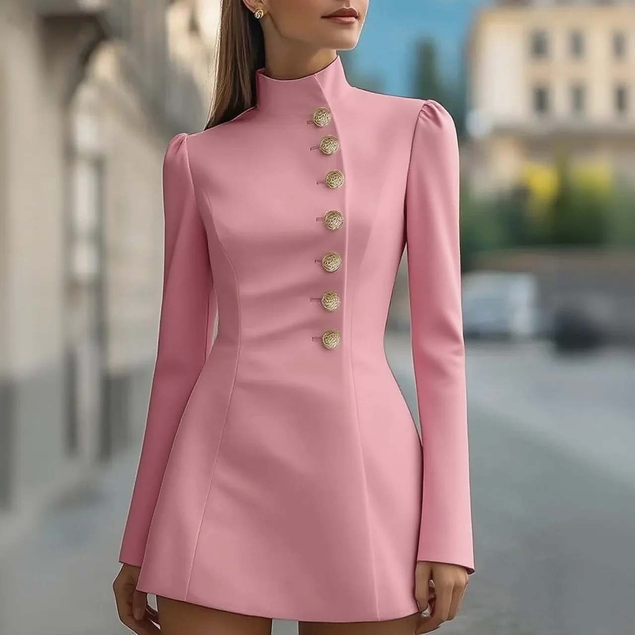Slim-fit Solid Color Short Sleeve Stand Collar Single-breasted Dress - Pink