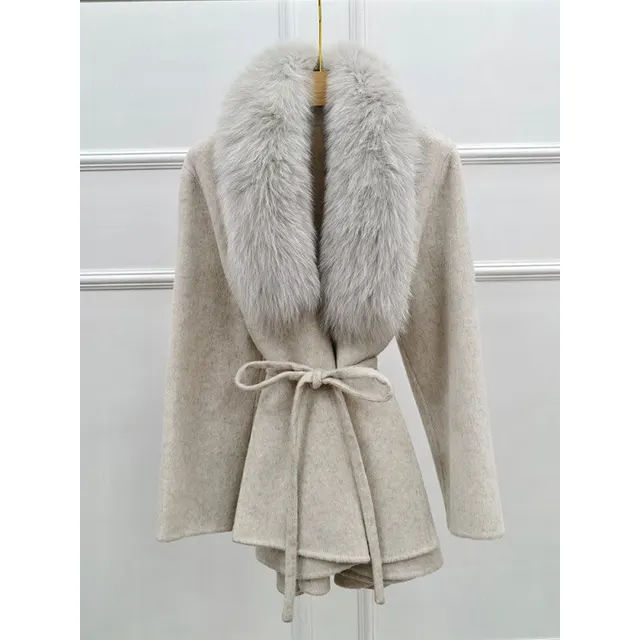 Winter Mid length Fox Fur Reversible Cashmere Coat Light Gray - Shop at LoveMi