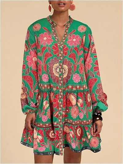 Floral Print Short Bohemian Beach Long Sleeve Button down Flowy Blouse Dress Green - Shop at LoveMi