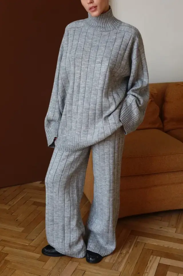 Elegant Solid Color Vertical Stripe Sweater Wide Leg Pants Two piece Set Gray - Shop at LoveMi