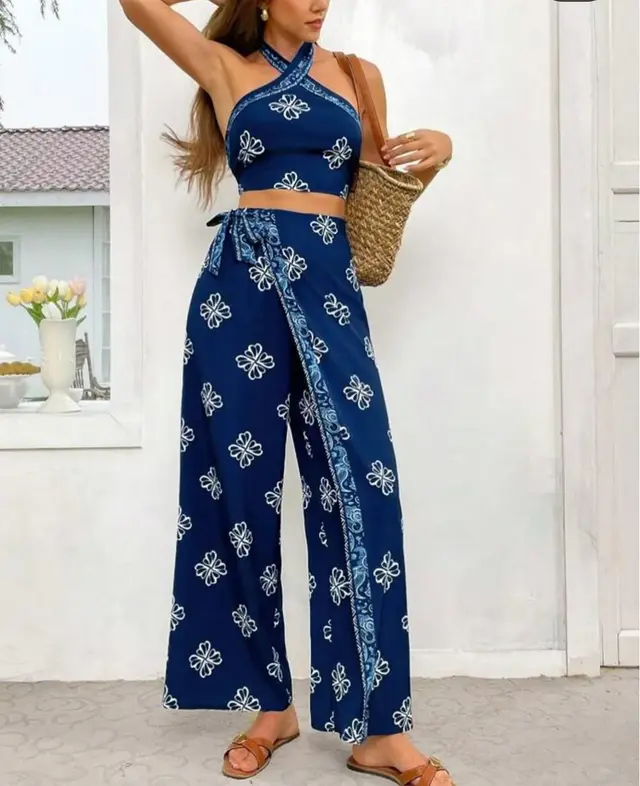 Halter Slim Fit Top High Waist Straight leg Pants Suit Blue - Shop at LoveMi