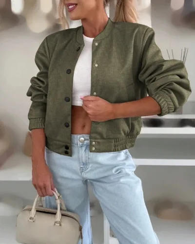 Pocket Cardigan Solid Color Autumn And Winter Corduroy Button Casual Trend Jacket Coat Top Green - Shop at LoveMi