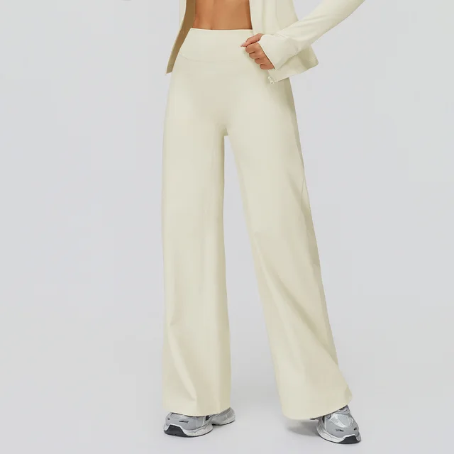 Casual Versatile Trousers Fleece lined Keep Warm High Waist Wide leg Trousers Cream Apricot - Shop at LoveMi