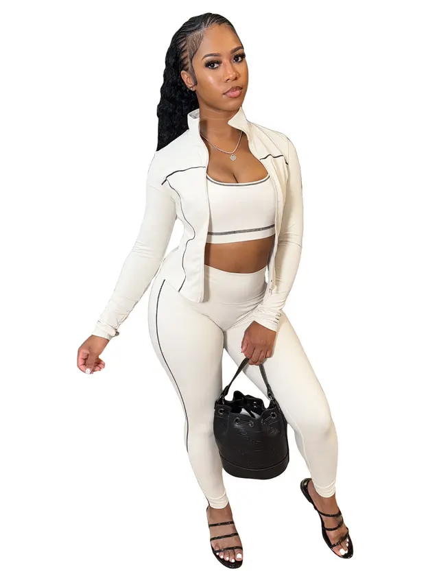 Fashion Women's Wear I shaped Vest Long sleeve Zipper Trousers 3 piece Suit Beige - Shop at LoveMi