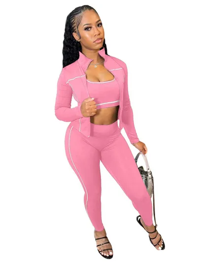 Fashion Women's Wear I shaped Vest Long sleeve Zipper Trousers 3 piece Suit Pink - Shop at LoveMi