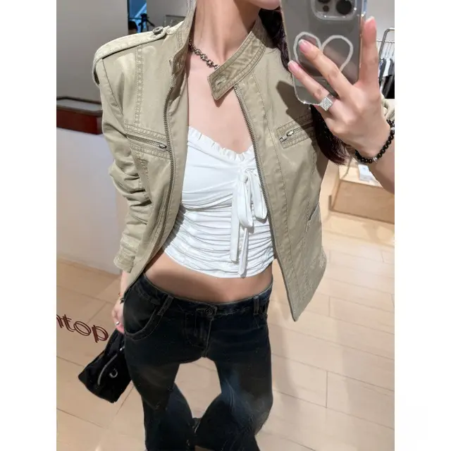 Stand Collar Distressed American Retro Short Denim Jacket Khaki - Shop at LoveMi